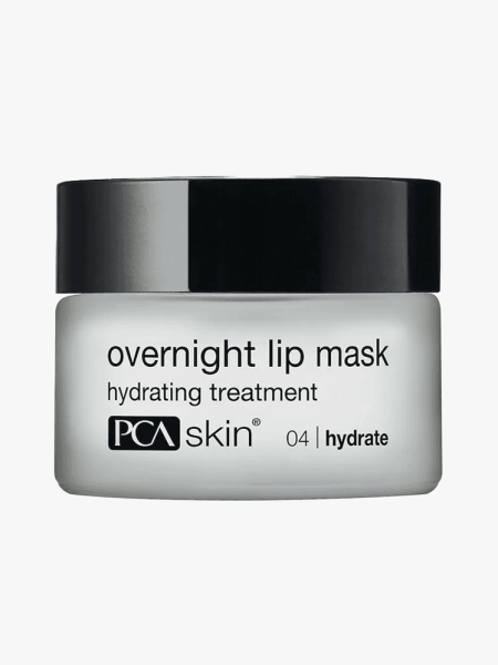 PCA Skin Overnight Lip Mask in branded tub component on a light gray background