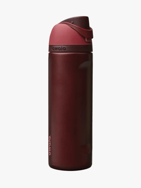 Owala FreeSip Stainless Steel Water Bottle in branded component on a light gray background