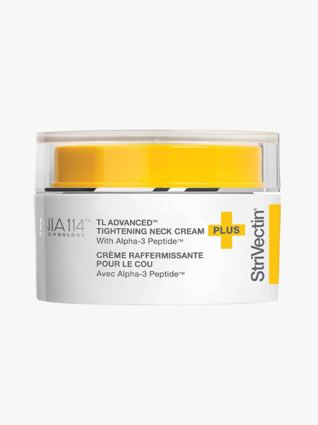 Strivectin TL Advanced Tightening Neck Cream in branded tub component on a light gray background