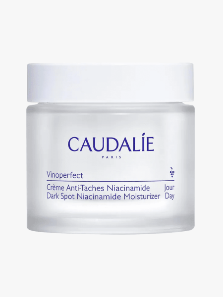 Caudalie Vinoperfect Moisturizer in branded tub component on a light gray background