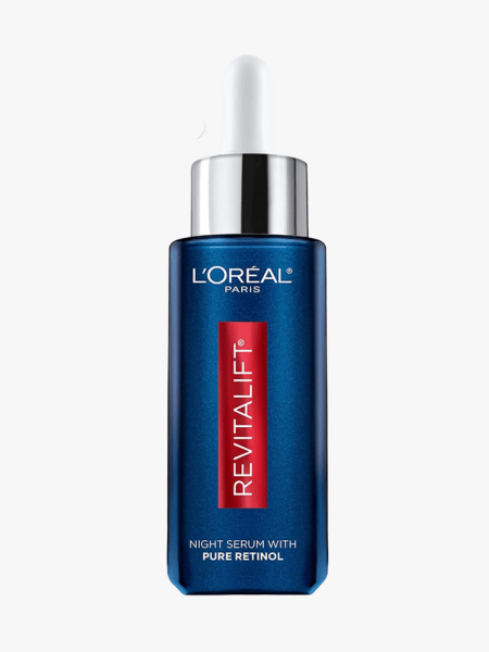 L'Oreal Paris Revitalift Derm Intensives 0.3% Pure Retinol Deep Wrinkle Serum in branded dropper component on a light gray background