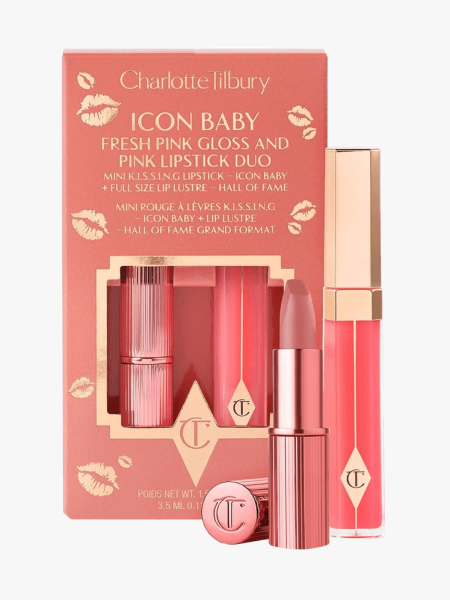 Charlotte Tilbury Icon Baby Lip Duo Kit in branded components on a light gray background