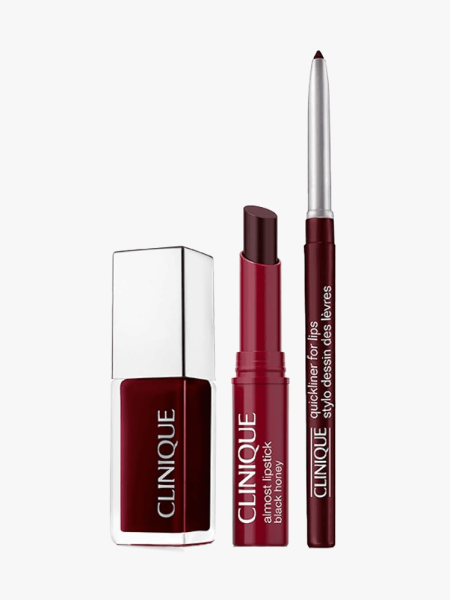 Clinique Black Honey Trio in multiple branded components on a light gray background