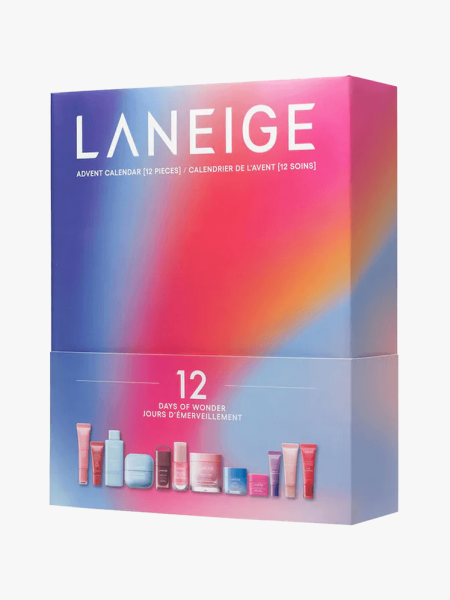 Laneige 12 Days of Wonder Korean Skincare  Lip Favorites Advent Calendar in branded component on a light gray background